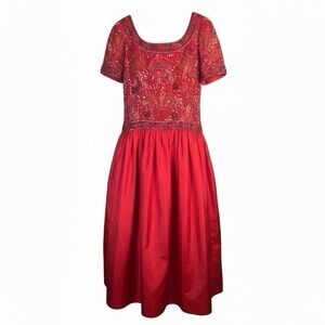 Vintage Richilene for Saks Heavily Beaded Dress Red 1980s Wedding Glam Prom